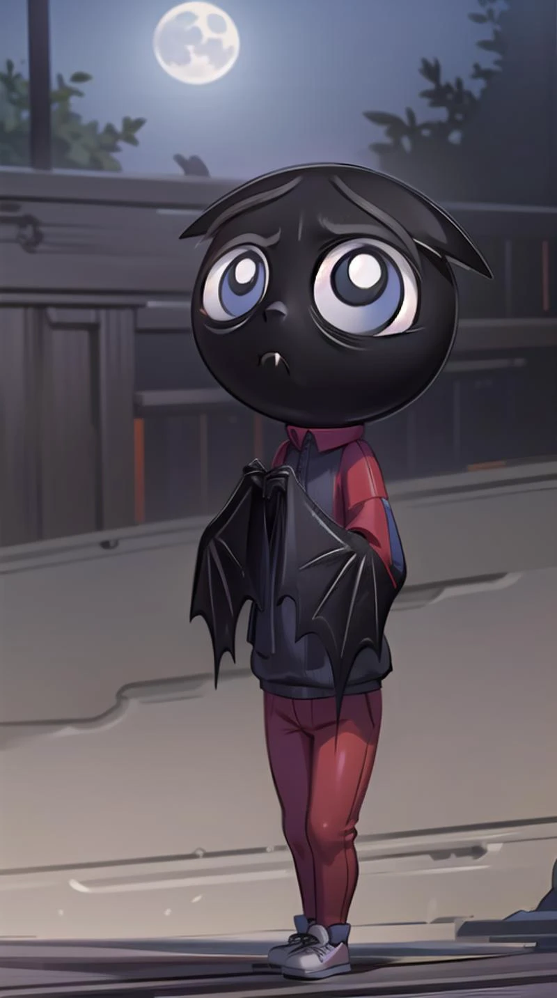 rubygloom_scaredybat, solid-best-physical-appearance-perfect::2, ((best quality, masterpiece, extremely detailed CG, ultra-detailed, intricate details:1.2)), 8k wallpaper, elaborate features, glistening shiny, glowing light, ray tracing, HDR, deph of field, (1boy, solo, chibi, furry male, black skin, bat wings, bat ears, bat boy, claws, fang, black eyes, white pupils, no humans, short legs), ((night sky, full moon, fog, dark atmosphere, eerie, mansion, moonlight, outdoors)), (sneakers, red jacket, red pants, socks), (full body, closed mouth, frown, own hands together, looking up), <lora:rubygloom_scaredybat:0.9>, <lora:hyperdetailer:0.8>