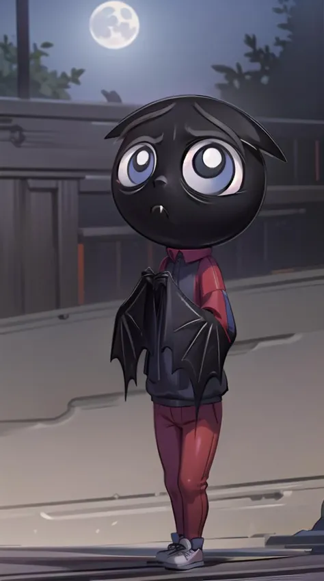 rubygloom_scaredybat, solid-best-physical-appearance-perfect::2, ((best quality, masterpiece, extremely detailed CG, ultra-detailed, intricate details:1.2)), 8k wallpaper, elaborate features, glistening shiny, glowing light, ray tracing, HDR, deph of field, (1boy, solo, chibi, furry male, black skin, bat wings, bat ears, bat boy, claws, fang, black eyes, white pupils, no humans, short legs), ((night sky, full moon, fog, dark atmosphere, eerie, mansion, moonlight, outdoors)), (sneakers, red jacket, red pants, socks), (full body, closed mouth, frown, own hands together, looking up), <lora:rubygloom_scaredybat:0.9>, <lora:hyperdetailer:0.8>
