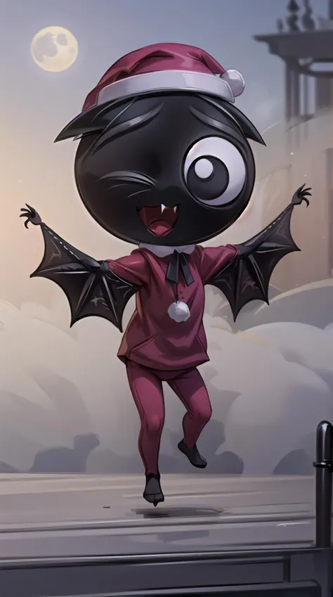 rubygloom_scaredybat, solid-best-physical-appearance-perfect::2, ((best quality, masterpiece, extremely detailed CG, ultra-detailed, intricate details:1.2)), 8k wallpaper, elaborate features, glistening shiny, glowing light, ray tracing, HDR, deph of field, (1boy, solo, ((chibi)), furry male, black skin, bat wings, bat ears, bat boy, claws, fang, black eyes, white pupils, no humans, short legs), ((night sky, full moon, fog, dark atmosphere, eerie, mansion, moonlight, outdoors)), ((santa hat, santa costume, red pants, christmas)), (full body, open mouth, smile, outstretched arms), <lora:rubygloom_scaredybat:0.9>, <lora:hyperdetailer:0.8>