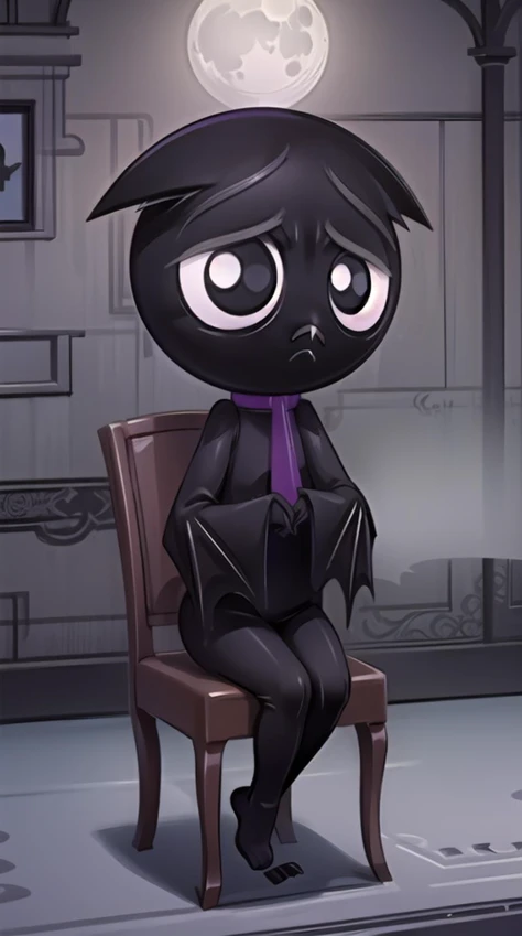 rubygloom_scaredybat, solid-best-physical-appearance-perfect::2, ((best quality, masterpiece, extremely detailed CG, ultra-detailed, intricate details:1.2)), 8k wallpaper, elaborate features, glistening shiny, glowing light, ray tracing, HDR, deph of field, (1boy, solo, ((chibi)), furry male, black skin, bat wings, bat ears, bat boy, claws, fang, black eyes, white pupils, no humans, short legs), ((night sky, full moon, fog, dark atmosphere, eerie, mansion, moonlight, outdoors)), (purple scarf), (full body, closed mouth, frown, own hands together, sitting, chair), <lora:rubygloom_scaredybat:0.9>, <lora:hyperdetailer:0.8>