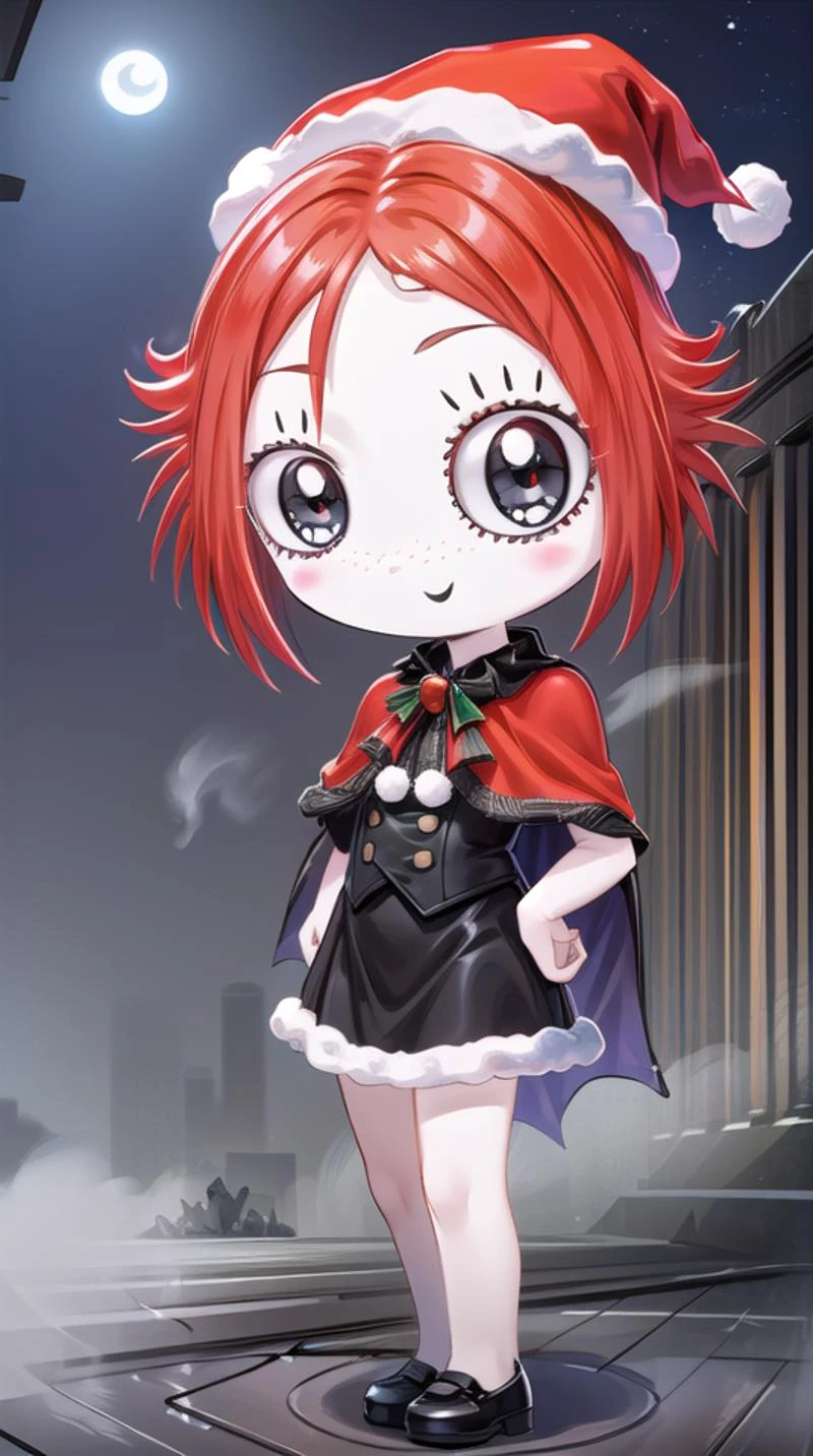 rubygloom_ruby, solid-best-physical-appearance-perfect::2, ((best quality, masterpiece, extremely detailed CG, ultra-detailed, intricate details:1.2)), 8k wallpaper, elaborate features, glistening shiny, glowing light, ray tracing, HDR, deph of field, (1girl, solo, ((chibi)), short hair, red hair, eyelashes, black eyes, blush stickers, smile, freckles, white skin, full body), ((night sky, full moon, fog, dark atmosphere, eerie, mansion, moonlight, outdoors, santa hat, santa costume, skirt, capelet, christmas)), <lora:rubygloom_ruby:0.8>, <lora:hyperdetailer:0.8>