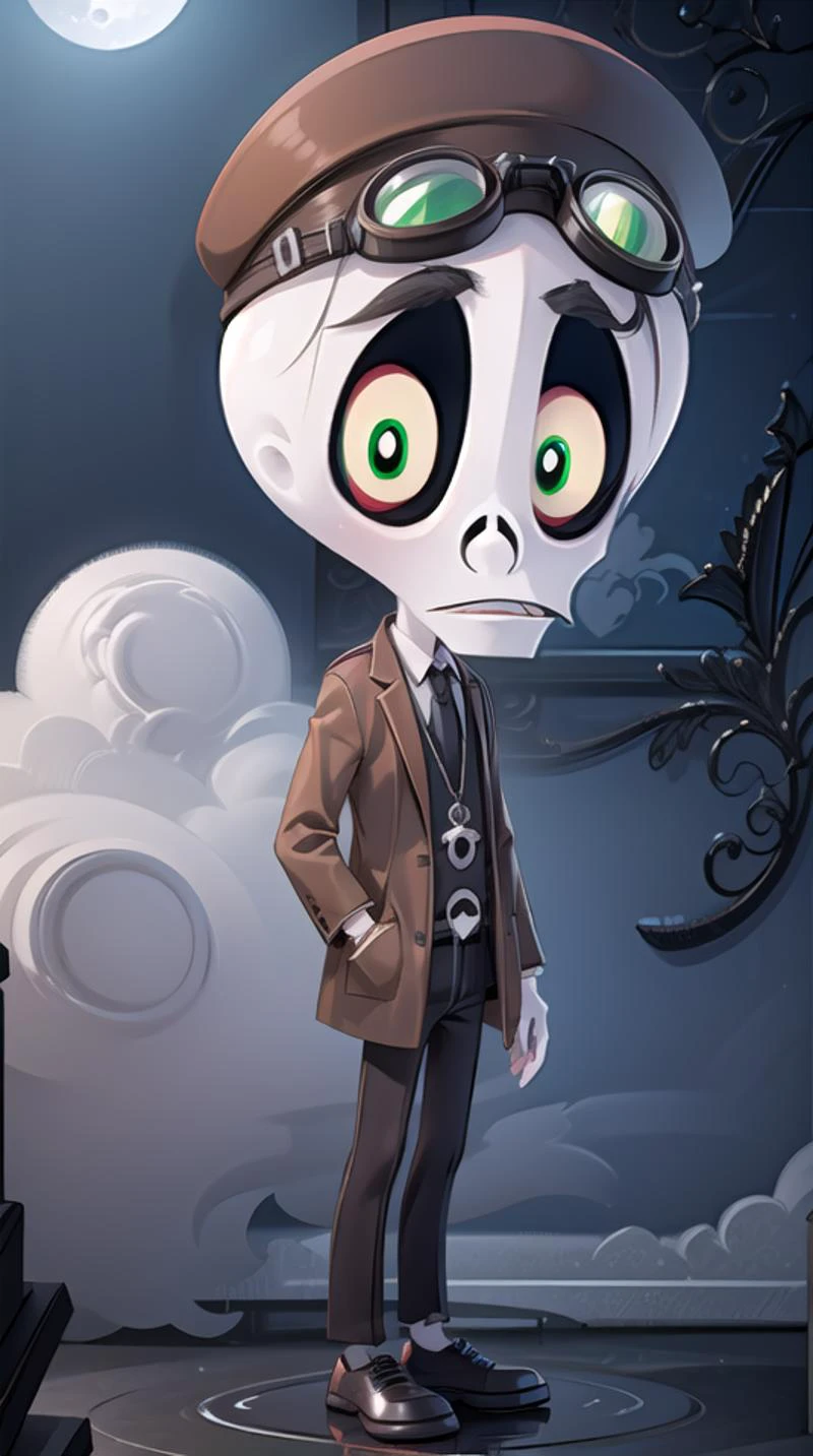 rubygloom_skullboy, solid-best-physical-appearance-perfect::2, ((best quality, masterpiece, extremely detailed CG, ultra-detailed, intricate details:1.2)), 8k wallpaper, elaborate features, glistening shiny, glowing light, ray tracing, HDR, deph of field, (1boy, solo, ((chibi)), skeleton, skull, colored sclera, green eyes, white pupils, full body), ((night sky, full moon, fog, dark atmosphere, eerie, mansion, moonlight, outdoors, brown jacket, brown headwear, goggles on head)), <lora:rubygloom_skullboy:0.8>, <lora:hyperdetailer:0.8>