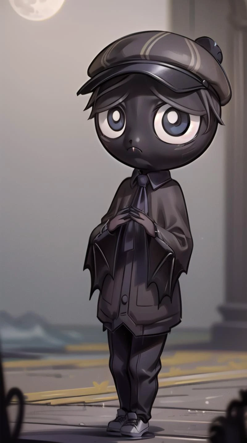 rubygloom_scaredybat, solid-best-physical-appearance-perfect::2, ((best quality, masterpiece, extremely detailed CG, ultra-detailed, intricate details:1.2)), 8k wallpaper, elaborate features, glistening shiny, glowing light, ray tracing, HDR, deph of field, (1boy, solo, ((chibi)), furry male, black skin, bat wings, bat ears, bat boy, claws, fang, black eyes, white pupils, no humans, short legs), ((night sky, full moon, fog, dark atmosphere, eerie, mansion, moonlight, outdoors)), (sneakers, detective, white collared shirt, ((brown deerstalker)), brown collared capelet, brown pants), (full body, closed mouth, frown, own hands together, looking up), <lora:rubygloom_scaredybat:0.9>, <lora:hyperdetailer:0.8>