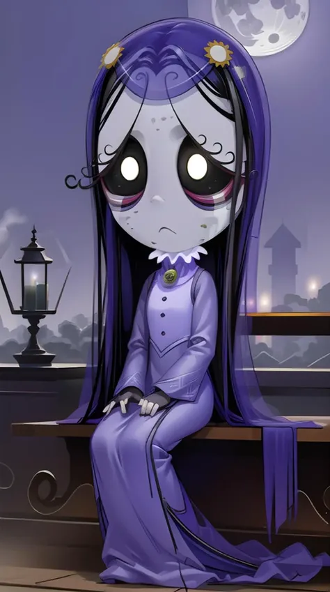 rubygloom_misery, solid-best-physical-appearance-perfect::2, ((best quality, masterpiece, extremely detailed CG, ultra-detailed, intricate details:1.2)), 8k wallpaper, elaborate features, glistening shiny, glowing light, ray tracing, HDR, deph of field, (1girl, solo, chibi, long hair, very long hair, black hair, freckles, colored sclera, black sclera, white eyes, streaming tears, frown, colored skin, grey skin), ((night sky, full moon, fog, dark atmosphere, eerie, mansion, moonlight, outdoors)), (hair ornament, hair flower, veil, purple veil, dress, floor length dress, frilled dress, purple dress, frills, frilled shirt collar, jewelry, brooch, gloves, black gloves, fingerless gloves), (full body, sitting), <lora:rubygloom_misery:0.8>, <lora:hyperdetailer:0.8>