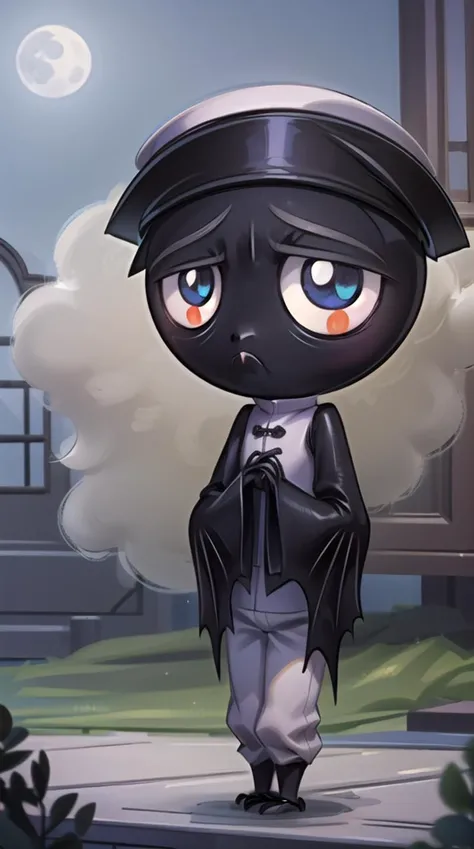 rubygloom_scaredybat, solid-best-physical-appearance-perfect::2, ((best quality, masterpiece, extremely detailed CG, ultra-detailed, intricate details:1.2)), 8k wallpaper, elaborate features, glistening shiny, glowing light, ray tracing, HDR, deph of field, (1boy, solo, ((chibi)), furry male, black skin, bat wings, bat ears, bat boy, claws, fang, black eyes, white pupils, no humans, short legs), ((night sky, full moon, fog, dark atmosphere, eerie, mansion, moonlight, outdoors)), (white chinese clothes, white hat, white pants), (full body, closed mouth, frown, own hands together), <lora:rubygloom_scaredybat:0.9>, <lora:hyperdetailer:0.8>