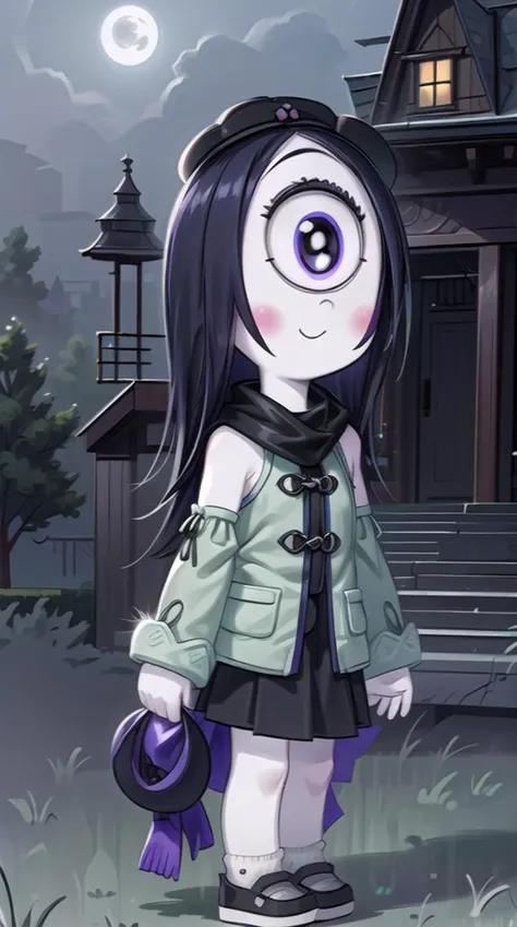 rubygloom_iris, solid-best-physical-appearance-perfect::2, ((best quality, masterpiece, extremely detailed CG, ultra-detailed, intricate details:1.2)), 8k wallpaper, elaborate features, glistening shiny, glowing light, ray tracing, HDR, deph of field, (1girl, solo, chibi, long black hair, one-eyed, cyclops, purple eyes, white pupils, extra pupils, blush stickers, white skin), ((night sky, full moon, fog, dark atmosphere, eerie, mansion, moonlight, outdoors)), ((scarf, green fur-trimmed headwear, green fur-trimmed coat, green fur-trimmed sleeves, skirt, socks)), (full body, closed mouth, smile), <lora:rubygloom_iris:0.8>, <lora:hyperdetailer:0.8>