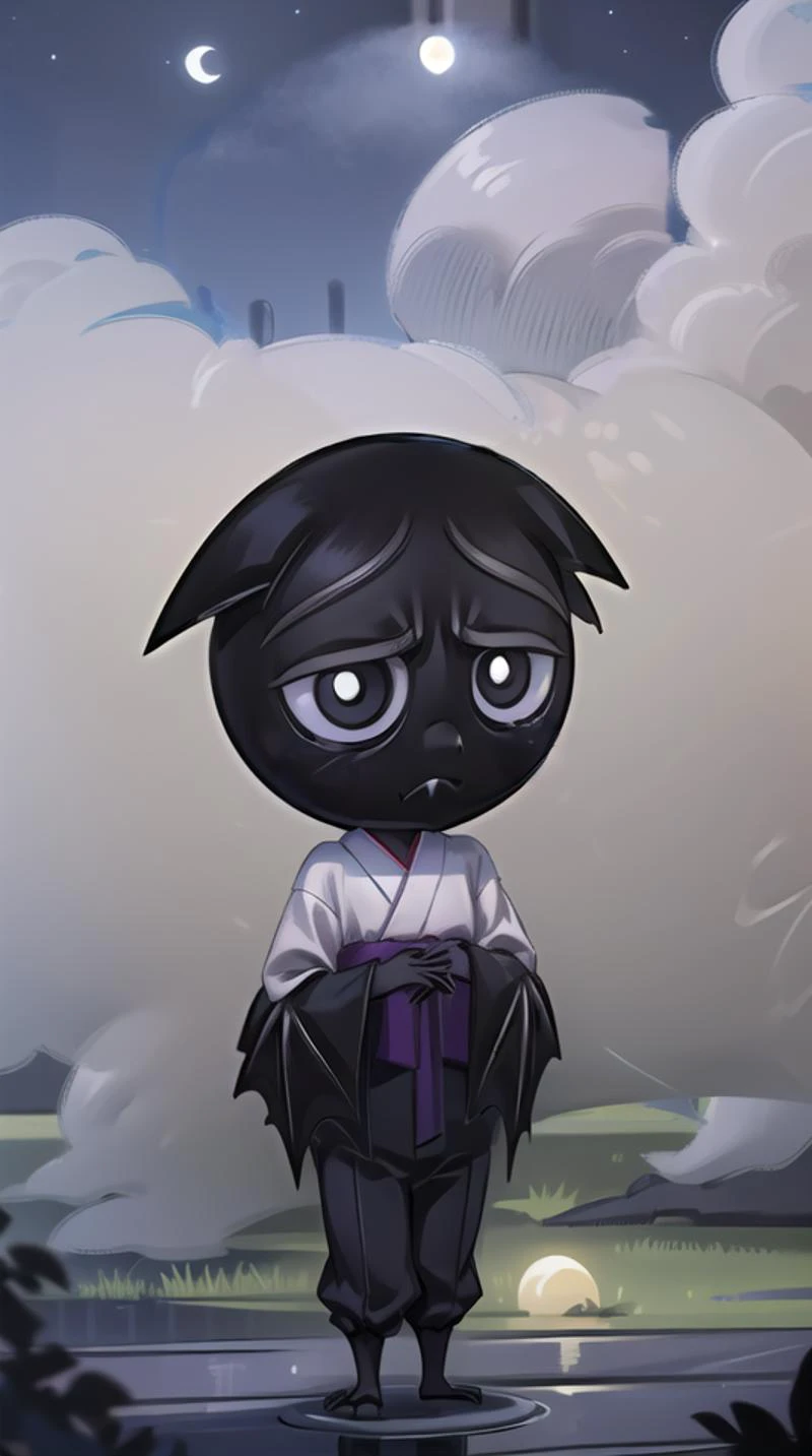 rubygloom_scaredybat, solid-best-physical-appearance-perfect::2, ((best quality, masterpiece, extremely detailed CG, ultra-detailed, intricate details:1.2)), 8k wallpaper, elaborate features, glistening shiny, glowing light, ray tracing, HDR, deph of field, (1boy, solo, ((chibi)), furry male, black skin, bat wings, bat ears, bat boy, claws, fang, black eyes, white pupils, no humans, short legs), ((night sky, full moon, fog, dark atmosphere, eerie, mansion, moonlight, outdoors)), (light blue kimono, hakama pants), (full body, closed mouth, frown, own hands together), <lora:rubygloom_scaredybat:0.9>, <lora:hyperdetailer:0.8>