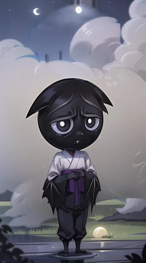 rubygloom_scaredybat, solid-best-physical-appearance-perfect::2, ((best quality, masterpiece, extremely detailed CG, ultra-detailed, intricate details:1.2)), 8k wallpaper, elaborate features, glistening shiny, glowing light, ray tracing, HDR, deph of field, (1boy, solo, ((chibi)), furry male, black skin, bat wings, bat ears, bat boy, claws, fang, black eyes, white pupils, no humans, short legs), ((night sky, full moon, fog, dark atmosphere, eerie, mansion, moonlight, outdoors)), (light blue kimono, hakama pants), (full body, closed mouth, frown, own hands together), <lora:rubygloom_scaredybat:0.9>, <lora:hyperdetailer:0.8>