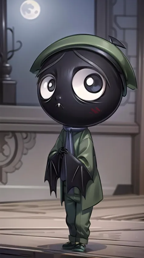 rubygloom_scaredybat, solid-best-physical-appearance-perfect::2, ((best quality, masterpiece, extremely detailed CG, ultra-detailed, intricate details:1.2)), 8k wallpaper, elaborate features, glistening shiny, glowing light, ray tracing, HDR, deph of field, (1boy, solo, ((chibi)), furry male, black skin, bat wings, bat ears, bat boy, claws, fang, black eyes, white pupils, no humans, short legs), ((night sky, full moon, fog, dark atmosphere, eerie, mansion, moonlight, outdoors)), (scarf, green headwear, green coat, green pants, green shoes), (full body, closed mouth, frown, own hands together, looking up), <lora:rubygloom_scaredybat:0.9>, <lora:hyperdetailer:0.8>