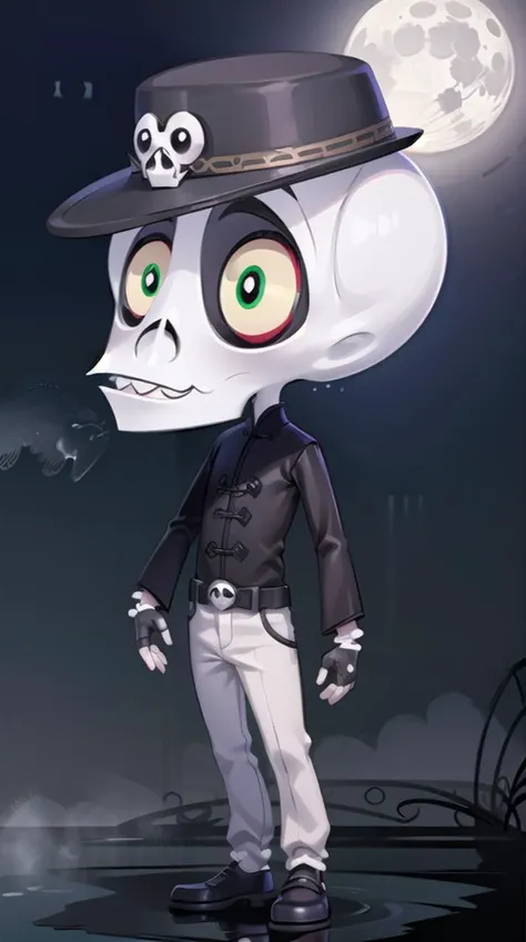 rubygloom_skullboy, solid-best-physical-appearance-perfect::2, ((best quality, masterpiece, extremely detailed CG, ultra-detailed, intricate details:1.2)), 8k wallpaper, elaborate features, glistening shiny, glowing light, ray tracing, HDR, deph of field, (1boy, solo, chibi, skeleton, skull, colored sclera, green eyes, white pupils, full body), ((night sky, full moon, fog, dark atmosphere, eerie, mansion, moonlight, outdoors, fingerless gloves, smile, chinese clothes, hat)), <lora:rubygloom_skullboy:0.7>, <lora:hyperdetailer:0.8>