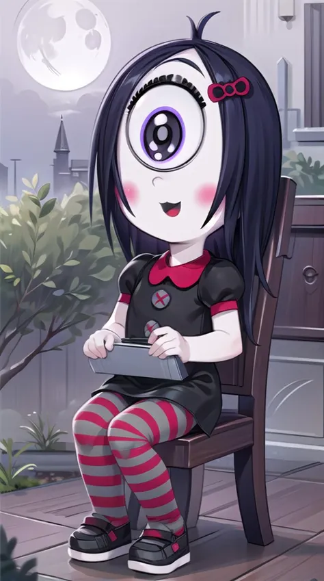 rubygloom_iris, solid-best-physical-appearance-perfect::2, ((best quality, masterpiece, extremely detailed CG, ultra-detailed, intricate details:1.2)), 8k wallpaper, elaborate features, glistening shiny, glowing light, ray tracing, HDR, deph of field, (1girl, solo, chibi, long black hair, ahoge, one-eyed, cyclops, purple eyes, white pupils, extra pupils, blush stickers, white skin), ((night sky, full moon, fog, dark atmosphere, eerie, mansion, moonlight, outdoors)), (bow hair ornament, black collared dress, red peter pan collar, puffy short sleeves, buttons, stripped pantyhose, shoes), (full body, sitting, chair, smile, open mouth, :d), <lora:rubygloom_iris:0.8>, <lora:hyperdetailer:0.8>