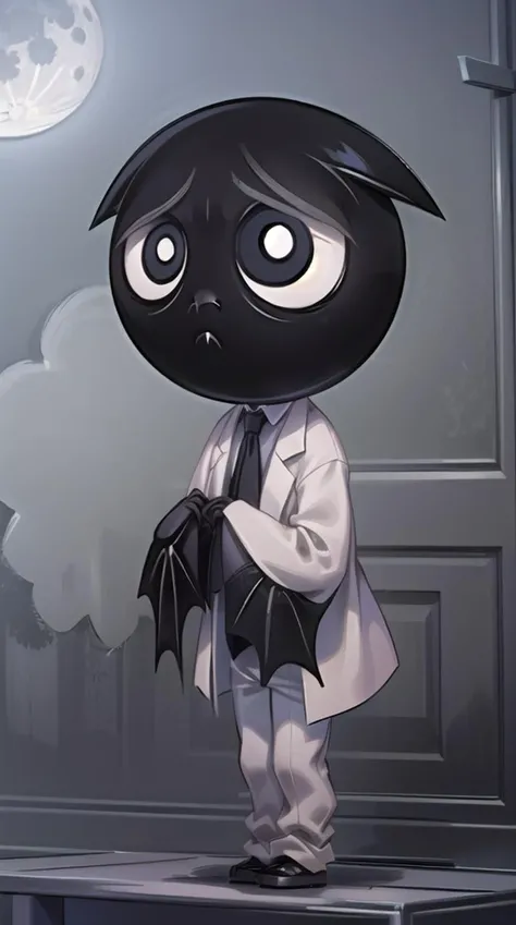 rubygloom_scaredybat, solid-best-physical-appearance-perfect::2, ((best quality, masterpiece, extremely detailed CG, ultra-detailed, intricate details:1.2)), 8k wallpaper, elaborate features, glistening shiny, glowing light, ray tracing, HDR, deph of field, (1boy, solo, ((chibi)), furry male, black skin, bat wings, bat ears, bat boy, claws, fang, black eyes, white pupils, no humans, short legs), ((night sky, full moon, fog, dark atmosphere, eerie, mansion, moonlight, outdoors)), (white lab coat, white pants, white collared shirt), (full body, closed mouth, frown, own hands together), <lora:rubygloom_scaredybat:0.9>, <lora:hyperdetailer:0.8>