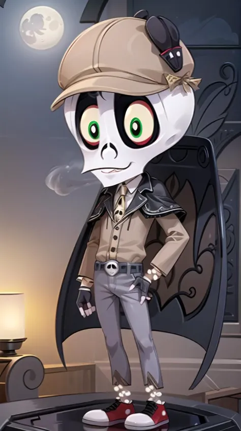 rubygloom_skullboy, solid-best-physical-appearance-perfect::2, ((best quality, masterpiece, extremely detailed CG, ultra-detailed, intricate details:1.2)), 8k wallpaper, elaborate features, glistening shiny, glowing light, ray tracing, HDR, deph of field, (1boy, solo, chibi, skeleton, skull, colored sclera, green eyes, white pupils, full body), ((night sky, full moon, fog, dark atmosphere, eerie, mansion, moonlight, outdoors, black turtleneck, grey pants, belt, skull belt, chain, fingerless gloves, sneakers, smile, jacket, holding book, hand in pocket)), <lora:rubygloom_skullboy:0.8>, <lora:hyperdetailer:0.8>