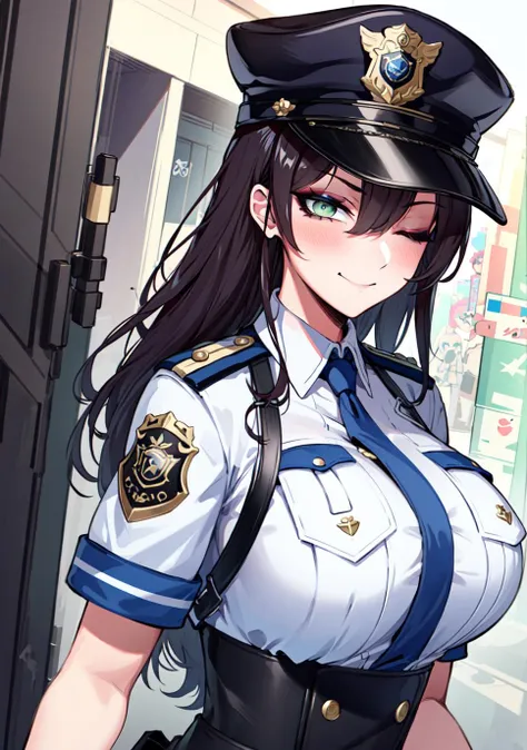 (masterpiece), best quality, lot of details, 1 girl,solo, upper body, close-up, police hat, wink, one eye closed, police uniform, large breasts,  <lora:Orouu_70_v2:0.7>, eyeshadow, green eye,