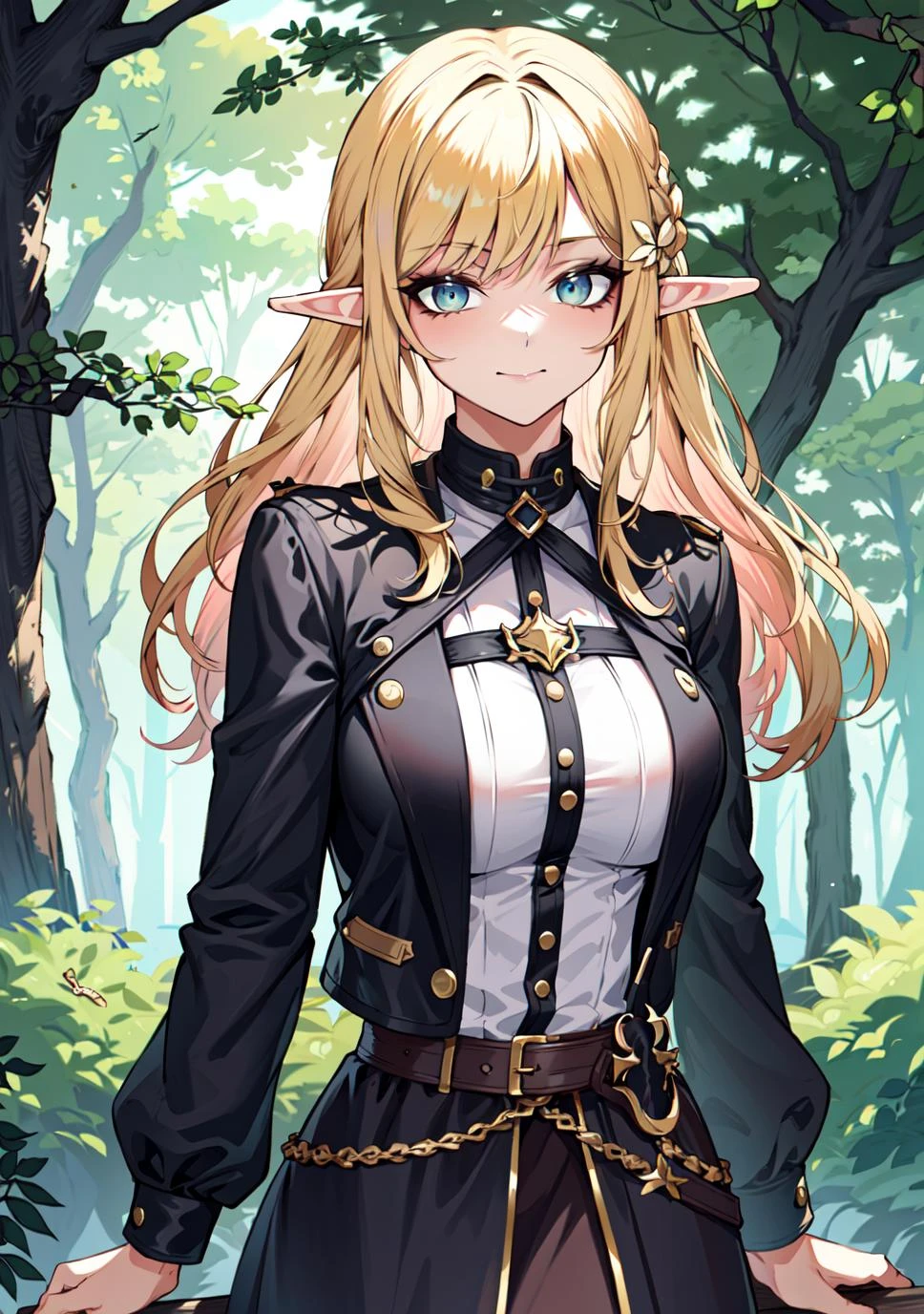 (masterpiece), best quality, lot of details, 1 girl,solo, upper body, elf, blonde hair, forest, large breasts, arms behind back, jacket, looking at viewer, <lora:Orouu_100:0.7>, evil,