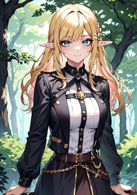 (masterpiece), best quality, lot of details, 1 girl,solo, upper body, elf, blonde hair, forest, large breasts, arms behind back, jacket,  looking at viewer,  <lora:Orouu_100:0.7>, evil,