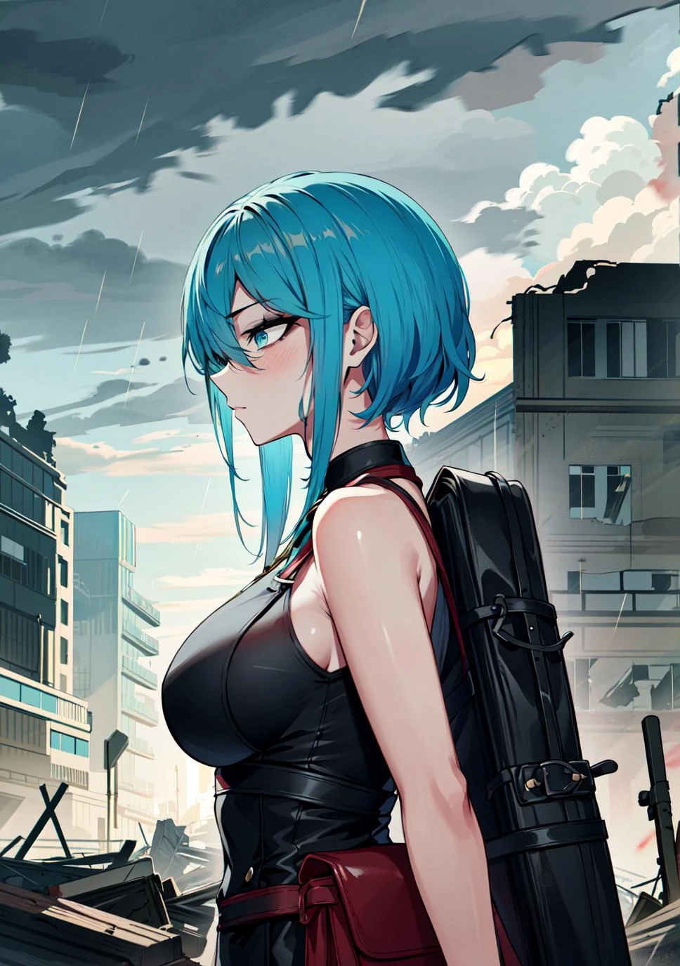 (masterpiece), best quality, detailed background, lot of details, 1 girl, (solo), burnt abandoned buildings, dark weather, asphalt, cloudy sky, ((dark clouds)), rain, (short hair with long locks), tactical uniform, aqua eyes, (aqua hair), hair between eyes, spiked hair, messy hair, war:1.6, large breasts, tactical pouch, fire:1.3, ruins, sleeveless, mud, rust, close-up, upper body, in profile, <lora:Orouu_100:0.7>