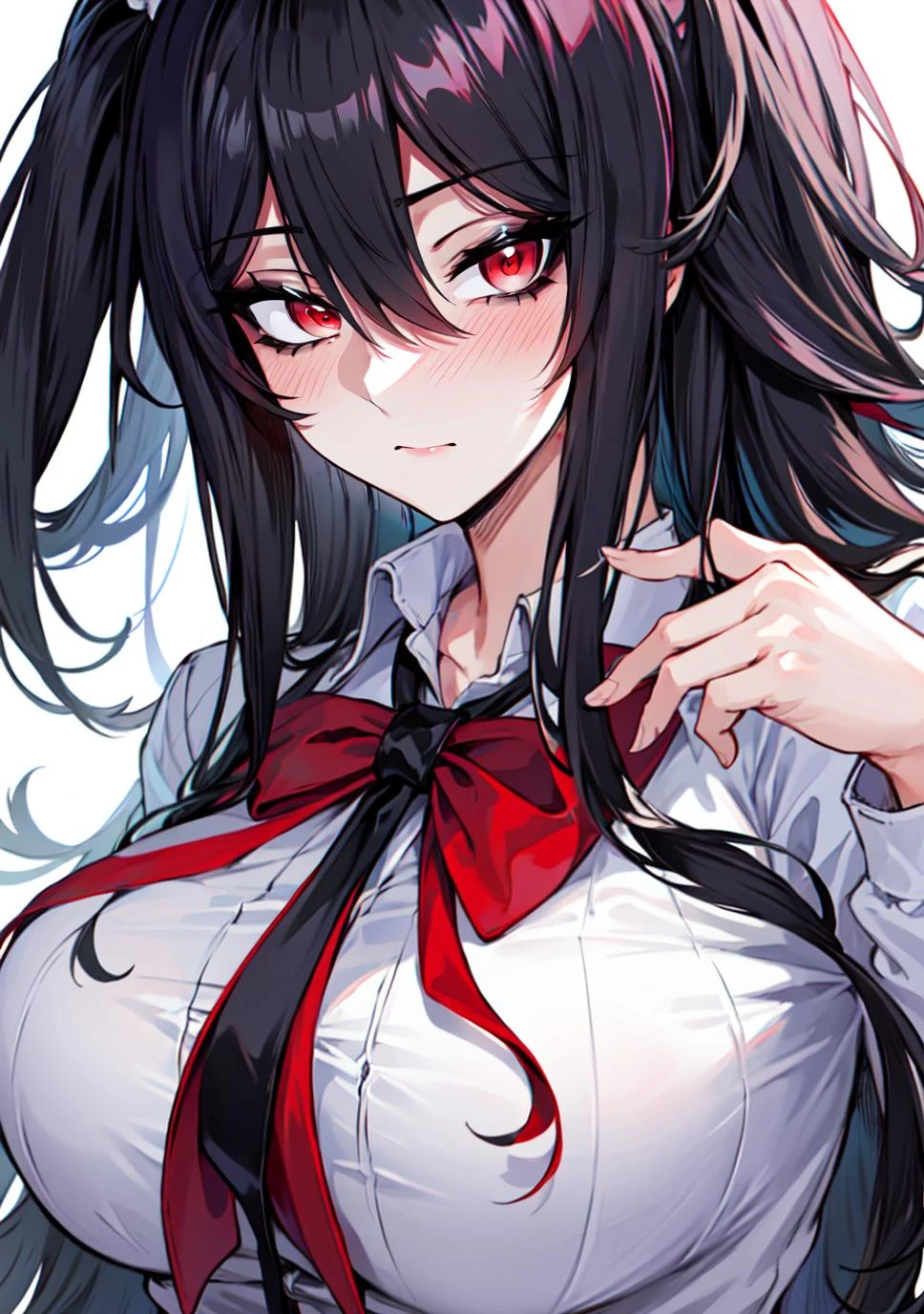 (masterpiece), best quality, lot of details, 1 girl,solo, upper body, close-up, hair between eyes, black hair, black school uniform, large breasts, red eyes, looking at viewer, <lora:Orouu_100:0.8>