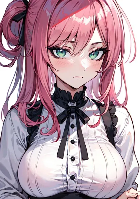 (masterpiece), best quality, 1 girl,solo, upper body, sad, pink hair, green eyes, shirt, heavy eyeshadow, large breasts,  simple background, white background, white shirt, <lora:Orouu_70_v2:0.6>