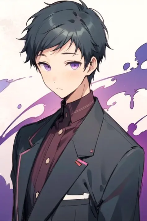 masterpiece, best quality, sketch, 1boy, solo, male focus, looking at viewer, upper body, depth of field, , realistic, <lora:shouta_shizuka:0.68>, shouta_shizuka, black hair, purple eyes, psycho costume, ,