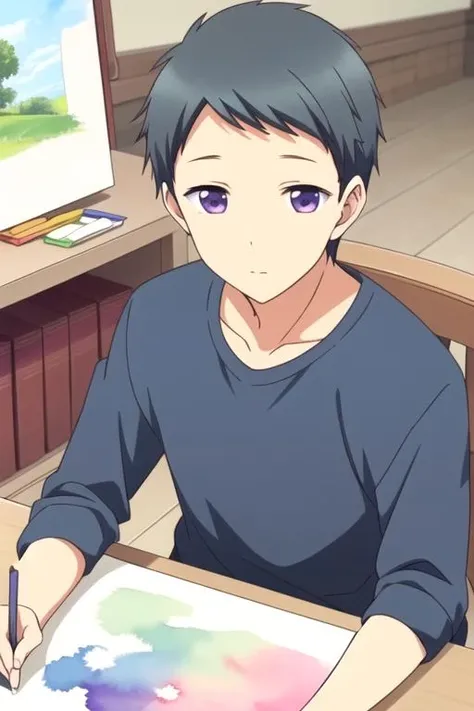 masterpiece, best quality, photorealistic, 1boy, solo, male focus, looking at viewer, upper body, , (watercolor illustration, soft pastel colors:1.1), , <lora:shouta_shizuka:0.74>, shouta_shizuka, black hair, purple eyes