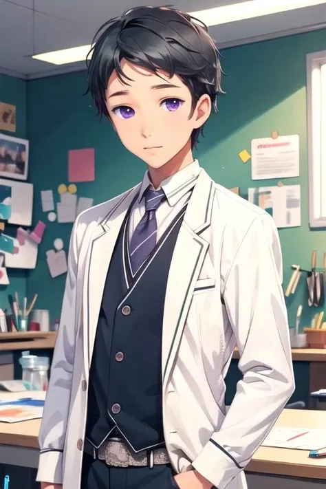 masterpiece, best quality, game cg, 1boy, solo, male focus, looking at viewer, , depth of field, (watercolor illustration, soft pastel colors:1.1), , <lora:shouta_shizuka:0.74>, shouta_shizuka, black hair, purple eyes, butler costume, science fiction western,