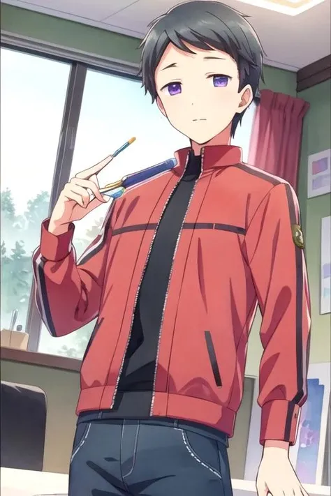masterpiece, best quality, , 1boy, solo, male focus, looking at viewer, , , (watercolor illustration, soft pastel colors:1.1), , <lora:shouta_shizuka:0.70>, shouta_shizuka, black hair, purple eyes, camo costume, science fiction xenopunk, 12k resolution