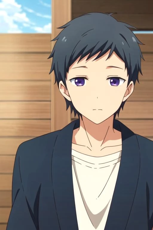 masterpiece, best quality, photorealistic, 1boy, solo, male focus, looking at viewer, , , anime coloring, , <lora:shouta_shizuka:0.70>, shouta_shizuka, black hair, purple eyes