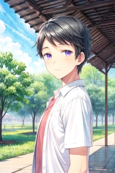 masterpiece, best quality, sketch, 1boy, solo, male focus, looking at viewer, upper body, , (watercolor illustration, soft pastel colors:1.1), , <lora:shouta_shizuka:0.72>, shouta_shizuka, black hair, purple eyes, , gazebo, High resolution