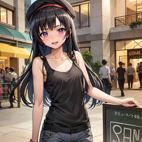 best quality, masterpiece, upper body, standing, solo focus,
1girl, mikazuki yozora, small breasts, long hair, black hair, purple eyes, cargo shorts, tank top, looking at viewer, mall, (blush:1.2), happy, beret, (crowd:0.4), shopping,
<lora:Kizuki - Haganai Mikazuki Yozora:0.80>