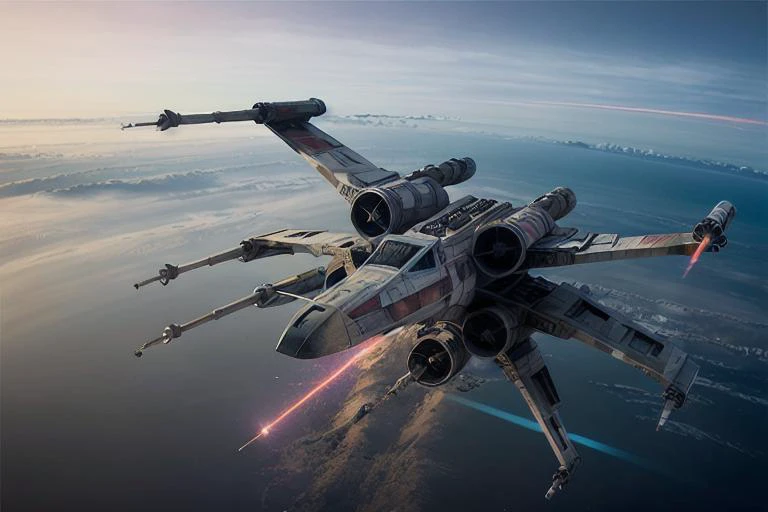 analog gloomy aerial photo of an (X-Wing, <lora:xw1ng:1>), ((nighttime)), (flying in a space battle), (outer space), (planet orbit), ((explosions in the background)), ((lasers)), High Detail, Sharp focus, (photorealism), realistic, best quality, 8k, award winning, dramatic lighting, epic, cinematic, masterpiece, rim light, (action movie), war,  depth of field, dutch angle,