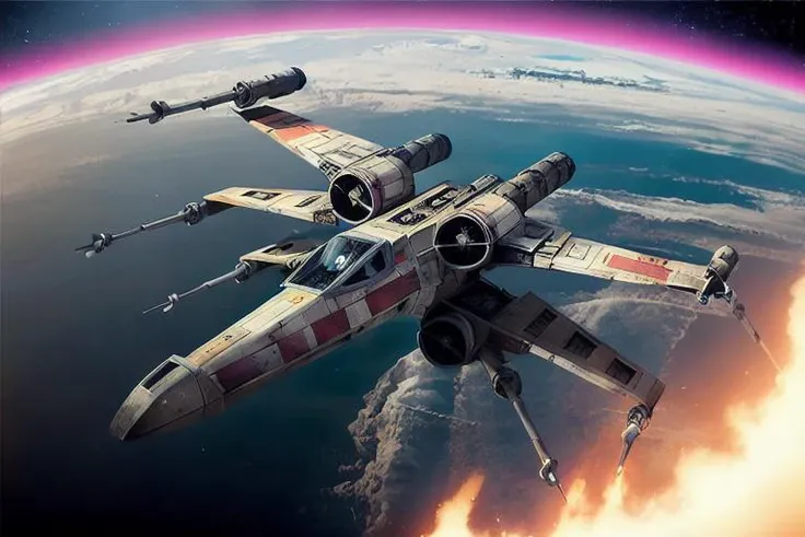analog gloomy aerial photo of an (X-Wing, <lora:xw1ng:1>), ((nighttime)), (flying in a space battle), (outer space), (planet orbit), ((explosions in the background)), ((lasers)), High Detail, Sharp focus, (photorealism), realistic, best quality, 8k, award winning, dramatic lighting, epic, cinematic, masterpiece, rim light, (action ), war, depth of field, dutch angle,