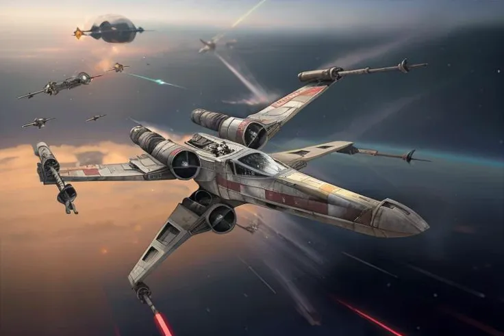 analog gloomy aerial photo of an (X-Wing, <lora:xw1ng:1>), ((nighttime)), (flying in a space battle), (outer space), (planet orbit), ((explosions in the background)), ((lasers)), High Detail, Sharp focus, (photorealism), realistic, best quality, 8k, award winning, dramatic lighting, epic, cinematic, masterpiece, rim light, (action movie), war,  depth of field, dutch angle,