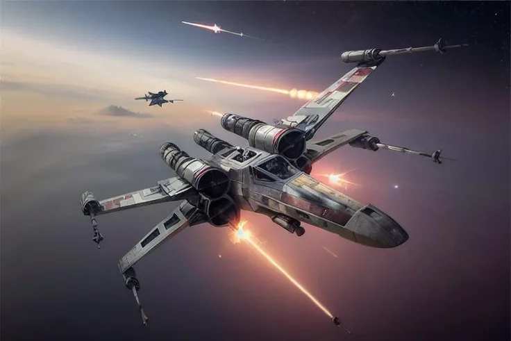 analog gloomy aerial photo of an (X-Wing, <lora:xw1ng:1>), ((nighttime)), (flying in a space battle), (outer space), (planet orbit), ((explosions in the background)), ((lasers)), High Detail, Sharp focus, (photorealism), realistic, best quality, 8k, award winning, dramatic lighting, epic, cinematic, masterpiece, rim light, (action movie), war, depth of field, dutch angle,