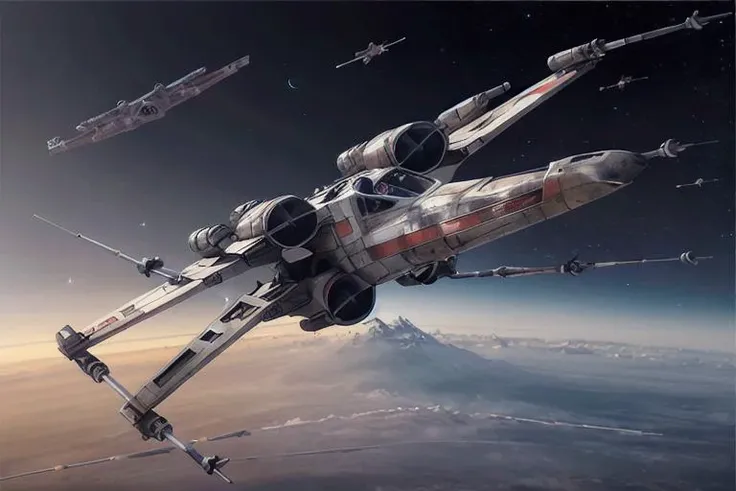 analog gloomy aerial photo of an (X-Wing, <lora:xw1ng:1>), ((nighttime)), (flying in a space battle), (outer space), (planet orbit), ((explosions in the background)), ((lasers)), High Detail, Sharp focus, (photorealism), realistic, best quality, 8k, award winning, dramatic lighting, epic, cinematic, masterpiece, rim light, (action movie), war, depth of field, dutch angle,