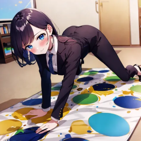 (high quality, best quality), twister-game, 1girl, <lora:twister:0.75>, lady, adult, all_fours, blush, business suit, highheels, indoors