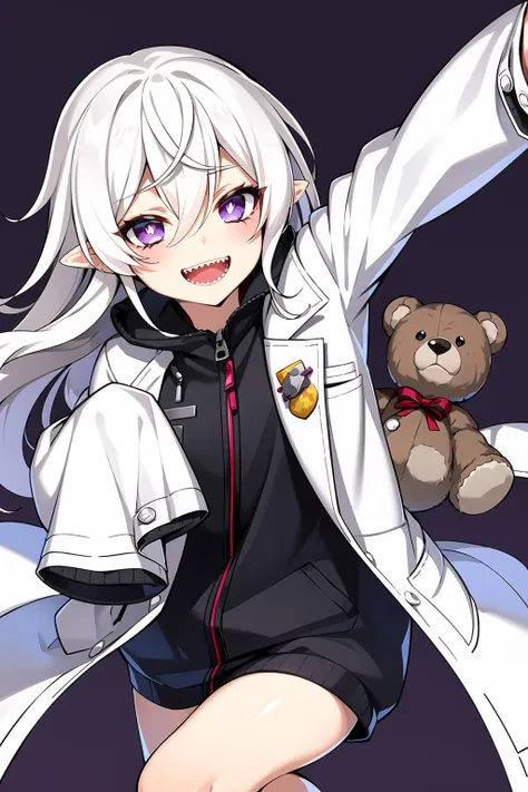 drgremory, 1girl, bear, bow, hair_between_eyes, holding_stuffed_toy, long_hair, looking_at_viewer, open_mouth, pointy_ears, purple_eyes, pink pupils, sharp_teeth, simple_background, sleeves_past_wrists, smile, teddy_bear, white_background, white_hair, white_jacket