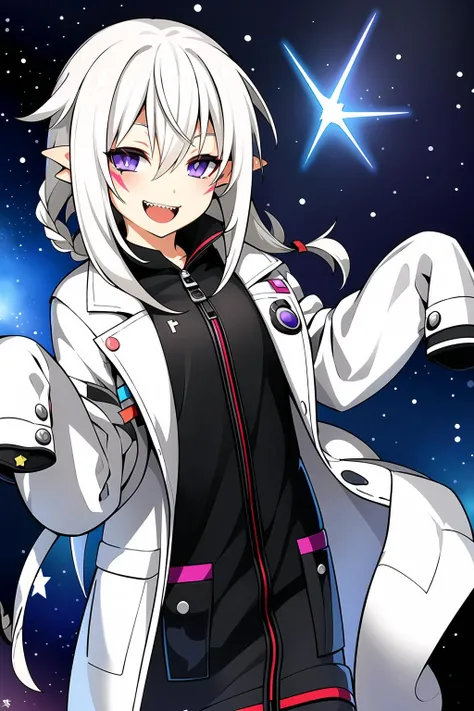 drgremory, 1girl, bow, facial markings, open_mouth, pointy_ears, purple_eyes, pink pupils, single braid, sharp_teeth, stars background, space, rainbow in background, sleeves_past_wrists, smile