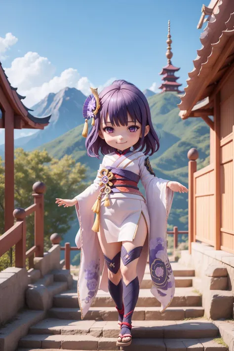 full body, chibi, <lora:blindbox_v1_mix:1>, raidenshogundef, <lora:raidenshogun1-000009:1>, raidenshogundef, upper body, smile, blush, outdoors, day, simple background, blue sky, short hair, sky, temple, looking at viewer, stairs, mountain, moody lighting, facing viewer,