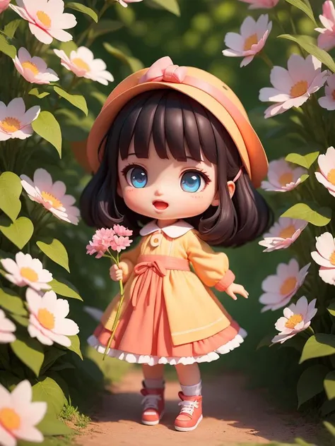 Photorealistic、(Black Hair、sleepy、Mouth slightly open、hair ornaments、Sitting、Cute Shoes)、Lily of the valley hill、night