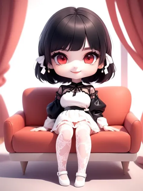 (masterpiece),(best quality),(ultra-detailed),
(full body:1.2),1girl, chibi,
black Bob haircut, red eyes, earring,
white shirt,black skirt, (lace legwear), bedroom,
(sitting on red sofa),
seductive posture, smile,
(beautiful detailed face), (beautiful detailed eyes:1.16),