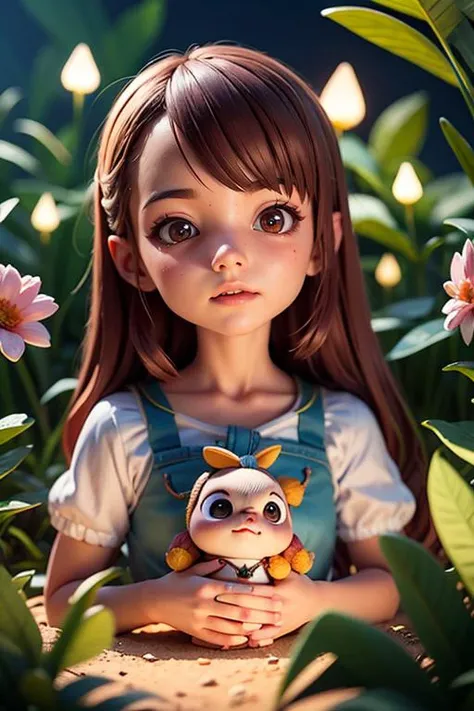 masterpiece,( Pixar - style :1.4),1girl,Asian girl,(Cute, pretty, wearing outdoor sportswear :0.7),(Face close-up :1.2),(At the entrance of a cave , at night, holding a cute monster, surrounded by glowing plants, flowers, flying fireflies, bonfires),(Ultra detailed, aesthetic, beautiful composition, rich bright colors, volumetric soft light). Inspired by Alice in Wonderland,magic,fairy tales. unreal Engine,octane render,cuteness render,Adobe Photoshop,awe inspiring,beautiful,cute,3D,3d rendering,best quality,4k <lora:blindbox_v1_mix:1>,