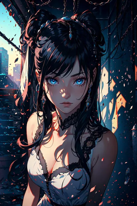 visual impact, Ultra-realistic 8k CG, masterpiece, ((ultra-detailed background, delicate pattern, intricate details)), best quality, very detailed face, extremely detailed eyes and face, extremely detailed eyes, The pitch black basement, 1girl, beg for mercy, solo, black hair, long hair, light blue eyes<highlight>, A fearful expression, Poor eyes, looking at viewer, Damaged clothes, Dynamic characters, white gown, cage, chiaroscuro, <lora:sunAndShadow_v10:0.4> <lora:blindbox_V1Mix:0.1>