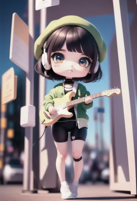 (masterpiece),(best quality),
(full body:1.5), chibi,1girl,solo,
street, outdoors, playing guitar, music, beret, holding guitar, jacket, blush,
shirt, short hair, green headwear, blurry, brown hair, blush stickers, long sleeves, bangs, headphones, black hair,
(beautiful detailed face),(beautiful detailed eyes),
<lora:blindbox_V2:1>