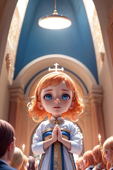 (upper body),
1girl, priest at church, (praying:1.1), hands together ,
(background full of people:1.1),
(looking up:1.1),
orange hair, blue eyes, freckles,
(chibi:0.7),
streaks of light, cinematic lighting, side lighting, halo, epic composition,
(highres:1.1), best quality, (masterpiece:1.3), <lora:blindbox_V1Mix:1>