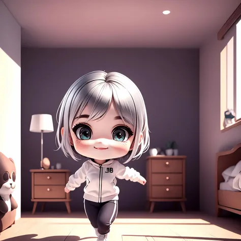 1 girl, cute, silver short hair, looking at viewer, running towards viewer, in bedroom, sunlight, masterpiece, best quality, 8K, ultra detailed background, fufilled room, 2.5D, realistic, mid-shot, full body, 2.5D face, splended light, SFW,chibi, smiling, happy, <lora:blindbox_V2:1>