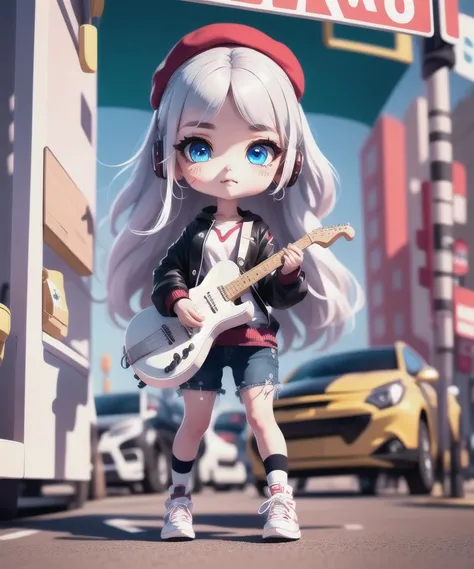 (masterpiece),(best quality),
full body,1girl,solo,standing ,
street, outdoors, playing guitar, music,red beret, (((holding guitar))), jacket, blush, (blue eyes),(white hair),
shirt, long hair, headwear, blurry, blush stickers, long sleeves, bangs, headphones,car,
(beautiful detailed face),(beautiful detailed eyes),
<lora:blindbox_V2:1>