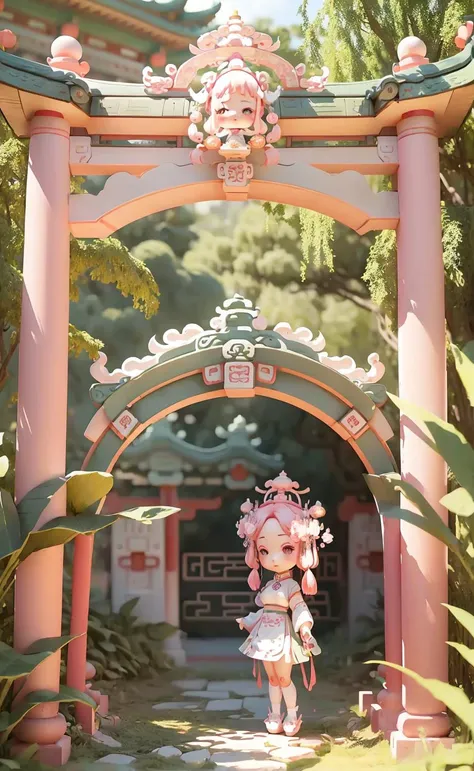 Hazy morning, a whimsical pretty Mecha girl with pink hair,(ancient chinese architecture chinese archway overgrown with plants:1.2),<lora:DVaOverwatch_v10:0.4> <lora:blindbox_V1:0.8> full body, chibi <lora:hanfu_v20:0.6> jin,song