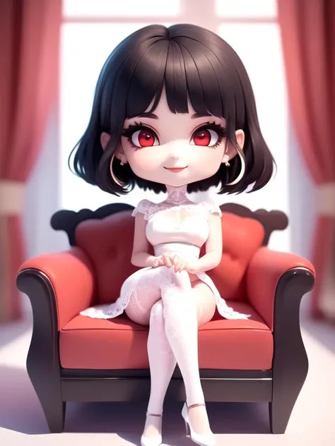 (masterpiece),(best quality),(ultra-detailed),
(full body:1.2),1girl, chibi,
black Bob haircut, red eyes, earring,
sexy night white dress, (lace legwear),
(sitting on red sofa),
seductive posture, smile,
(beautiful detailed face), (beautiful detailed eyes:1.16),