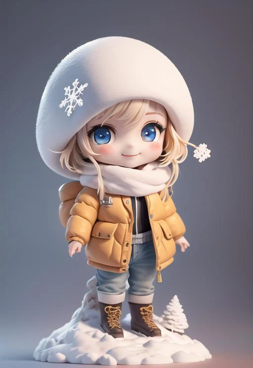 (masterpiece),(best quality),(ultra-detailed), (full body:1.2), 1boy,chibi, smile,(beautiful detailed face), (beautiful detailed eyes), (Simple and clean style_1.5),Pine trees, boots, down jackets, snowflakes
<lora:blindbox_V1Mix:1>
